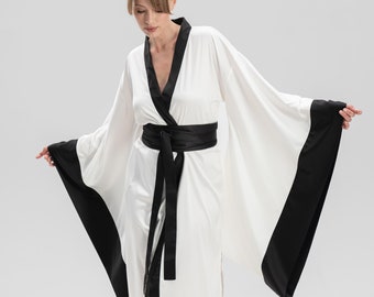 Long Bridal Robe, Kimono Robe, Kimono Dressing Gown, Silk Kimono,  Bride Robe, Personalised Dressing Gown Japanese Satin Kimono Ivory White