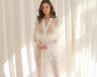 Sheer Bride Robe, White Bridal Dressing Gown Kimono, See Through Robe for Wedding,  Silk Robes Lace Lingerie Satin Long Women Nightwear