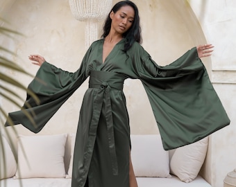 Satin Silk Robes for Women Silk Kimono Robe, Bridesmaid Silk Dressing Gown Long Silk Robe, Plus Size Satin Robe Maxi Emerald Green Nightwear