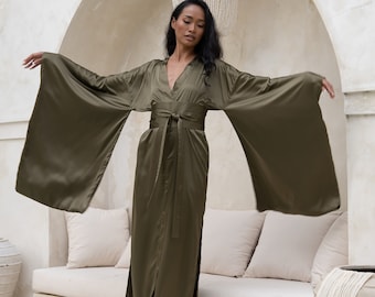 Long Silk Robe Kimono Silk Dressing Gown, Bridesmaid Silk Robes for Women, Gift for Her Plus Size Satin Robe Maxi Olive Green Nightwear