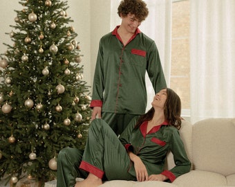 Pijamas para parejas, PJs de Navidad, Pijamas familiares, Pijamas de Navidad a juego, Conjunto de pijamas para hombres, Pijamas navideños, PJs XMAS, Satén de seda largo