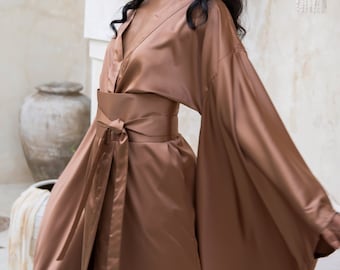 Satin Silk Kimono Robe, Long Silk Robe Silk Dressing Gown, Bridesmaid Silk Robes for Women, Plus Size Satin Robe Maxi Brown Copper Nightwear