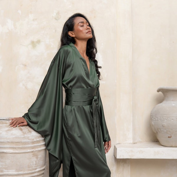 Seiden-Kimono-Robe, Satin-Seidenrobe für Frauen, Brautjungfern-Seiden-Morgenmantel, lange Seidenrobe, Plus-Size-Satin-Robe Maxi, smaragdgrüne Nachtwäsche