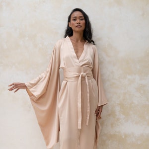 Bridal Long Robe, Satin Robe White Silk Kimono Robe, Wedding Long Silk Robe Silk Dressing Gown, Bride Bridesmaid Silk Robes for Women Maxi Light Nude