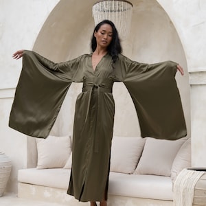 Long Silk Robe Kimono Silk Dressing Gown, Bridesmaid Silk Robes for Women, Gift for Her Plus Size Satin Robe Maxi Olive Green Nightwear