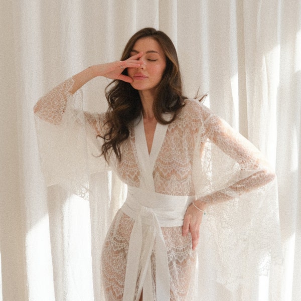 Lace Bridal Dressing Gown Kimono for Bride, See Through Robe for Wedding Satin Sheer Robe Lace Silk Lingerie  Silk Robes Women Nightwear