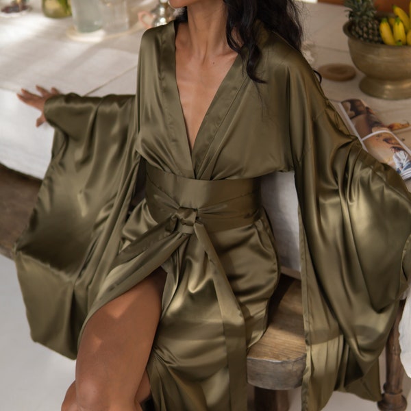 Silk Robe, Kimono Robe, Kimono Dressing Gown, Long Robes for Women, Gift for Her Plus Size Satin Robe Maxi Olive Green Nightwear Bridesmaid