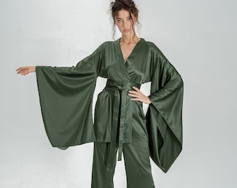 Kimono Robe, Silk Kimono, Kimono Pyjamas, Japanese Kimono Pajamas, Silk Robe, Wide Long Sleeve Robe, Silk Dressing Gown, Satin Robe Set