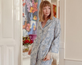 Feder Pyjamas, Baumwoll Pyjama, personalisierte Pyjama Set, Baumwoll Pyjama Set, Blaue Floral Button Up PJs Langarm Pyjamas für Frauen PJs