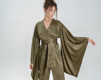 Pyjama kimono, kimono en soie, robe de chambre kimono, robe de chambre en soie japonaise, pyjama kimono, robe de chambre large à manches longues, ensemble de robe de chambre en satin, robe de chambre en soie