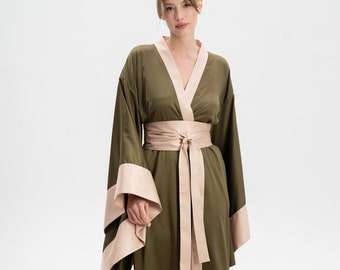 Kimono Robe, Kimono Dressing Gown, Silk Kimono Satin Robe Silk Dressing Gown Satin Kimono Japanese Robe Wide Sleeve Long Robe Olive Green