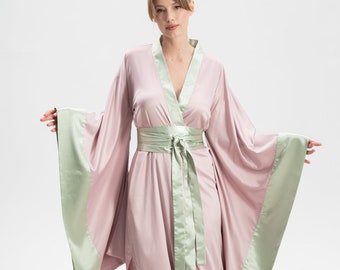 Kimono Robe, Kimono Dressing Gown, Silk Kimono Satin Kimono Silk Dressing Gown Satin Robe Long Robe Wide Sleeve Japanese Robe Blush Pink