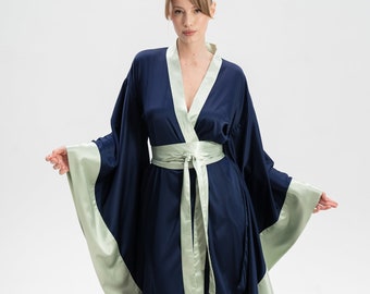 Kimono Dressing Gown, Kimono Robe, Silk Dressing Gown Satin Robe Silk Kimono Satin Kimono Long Robe Wide Sleeve Japanese Robe Navy Blue