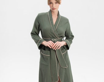 Baumwoll Robe, Musselin Morgenmantel, Damen Bademantel Lange Robe Loungewear Kleid Bademantel Weich In voller Länge Dunkelgrün Gefaltet mit Taschen