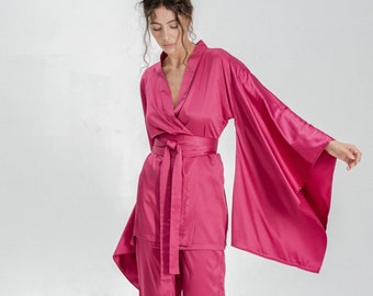 Seiden-Kimono, Kimono-Pyjama, Kimono-Robe, japanischer Seiden-Robe, Kimono-Pyjama, Seiden-Morgenmantel, weites Langarm-Robe, Satin-Robe-Set