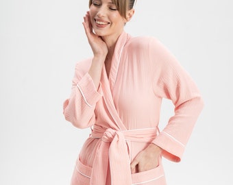 Cotton Robe, Womens Bathrobe, Muslin Dressing Gown, Loungewear Long Robe Robe Gown Bath Robe Soft Full Length Peach Pink Wrinkled Pockets