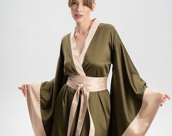 Kimono Robe, Kimono Dressing Gown, Silk Dressing Gown Silk Kimono Satin Robe Satin Kimono Japanese Robe Long Robe Wide Sleeve  Olive Green