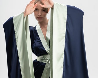 Kimono Dressing Gown, Kimono Robe, Satin Robe Silk Dressing Gown Silk Kimono Satin Kimono Long Robe Wide Sleeve Japanese Robe Navy Blue