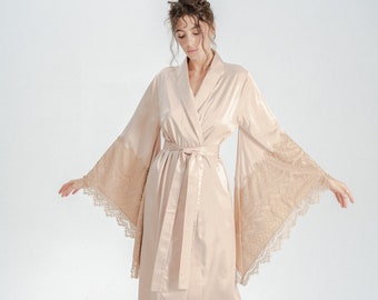 Lange Brautrobe, Spitzenrobe, Brautrobe, Langer Brautmorgenmantel, Seidenrobe, Seidenkleid, Satin-Spitzenrobe, bodenlange Elfenbein-Weiß