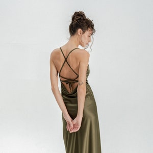 Prom Dress, Silk Dress, Openback Dress, Cowl Neck Dress, Long Dress, Maxi Dress, Cocktail Dress, Summer Dress Evening Dress Backless Dress Olive