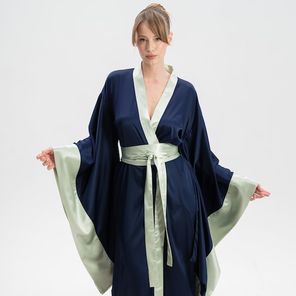 Kimono Dressing Gown, Kimono Robe, Silk Dressing Gown Satin Robe Silk Kimono Satin Kimono Long Robe Wide Sleeve Japanese Robe Navy Blue