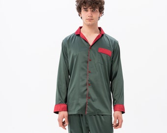 Regalo de Navidad para él, pijamas de hombre, pijamas para hombre, pijamas personalizados para hombre, conjunto de pijama personalizado para hombre, pijama de lujo de satén de manga larga para hombre, seda