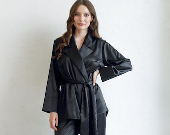 Seiden-Pyjama, Seiden-Pyjama-Set für Damen, Seiden-Pyjama, schwarzes Pyjama-Set für Damen, Geschenk für Sie, schwarzer Satin-PJs, Seiden-Morgenmantel, Kimono-Robe