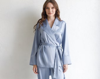 Silk Pyjama Set, Silk Pyjamas Womens, Bridesmaid Pajamas Silk Pajamas for Women PJs Satin Dusty Blue PJs Silk Dressing Gown Kimono Robe Set