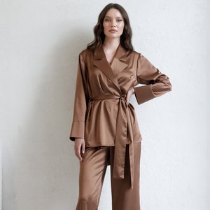 Seidenpyjamas für Frauen, Seidenpyjama-Set Damen lange Pyjamas Seidenpyjamas Frauen Satin PJs Geschenk Brautjungfer Pyjamas Morgenmantel Kimono Robe Rich Copper