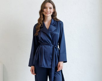 Seidenpyjama-Set, Seidenschlafanzug Frauen, Seidenschlafanzug für Frauen, Navy Lange Pyjamas PJs Brautjungfer Pyjamas Satin Seide Morgenmantel Kimono Robe