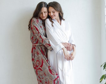 Bridal Robe Bridal Dressing Gown Long Robe Silk Satin Robe Bridesmaid Dressing Gown Women Red Burgundy Printed Robe Gift Wedding Kimono Robe