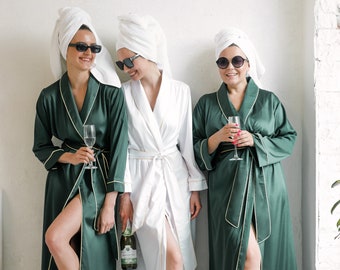 Bridesmaid Robes Set, Bridal Robe Silk Robes Long Robe, Bridesmaid Dressing Gown, Kimono Robe Green Satin Dressing Gown Gift Wedding Party