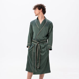 Custom Men's Dressing Gown, Gift for Him, Personalised Men's Robe, Silk Dressing Gown, Satin Robe, Mens Lightweight Robe, Long Designer Green