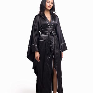 100% Pure Silk Dressing Gown, Silk Robe, Kimono Robe, Kimono Dressing Gown, Japanese Kimono for Women, Long Wide Sleeve Floor Length Black