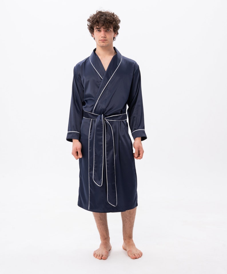 Custom Men's Dressing Gown, Gift for Him, Personalised Men's Robe, Silk Dressing Gown, Satin Robe, Mens Lightweight Robe, Long Designer Navy