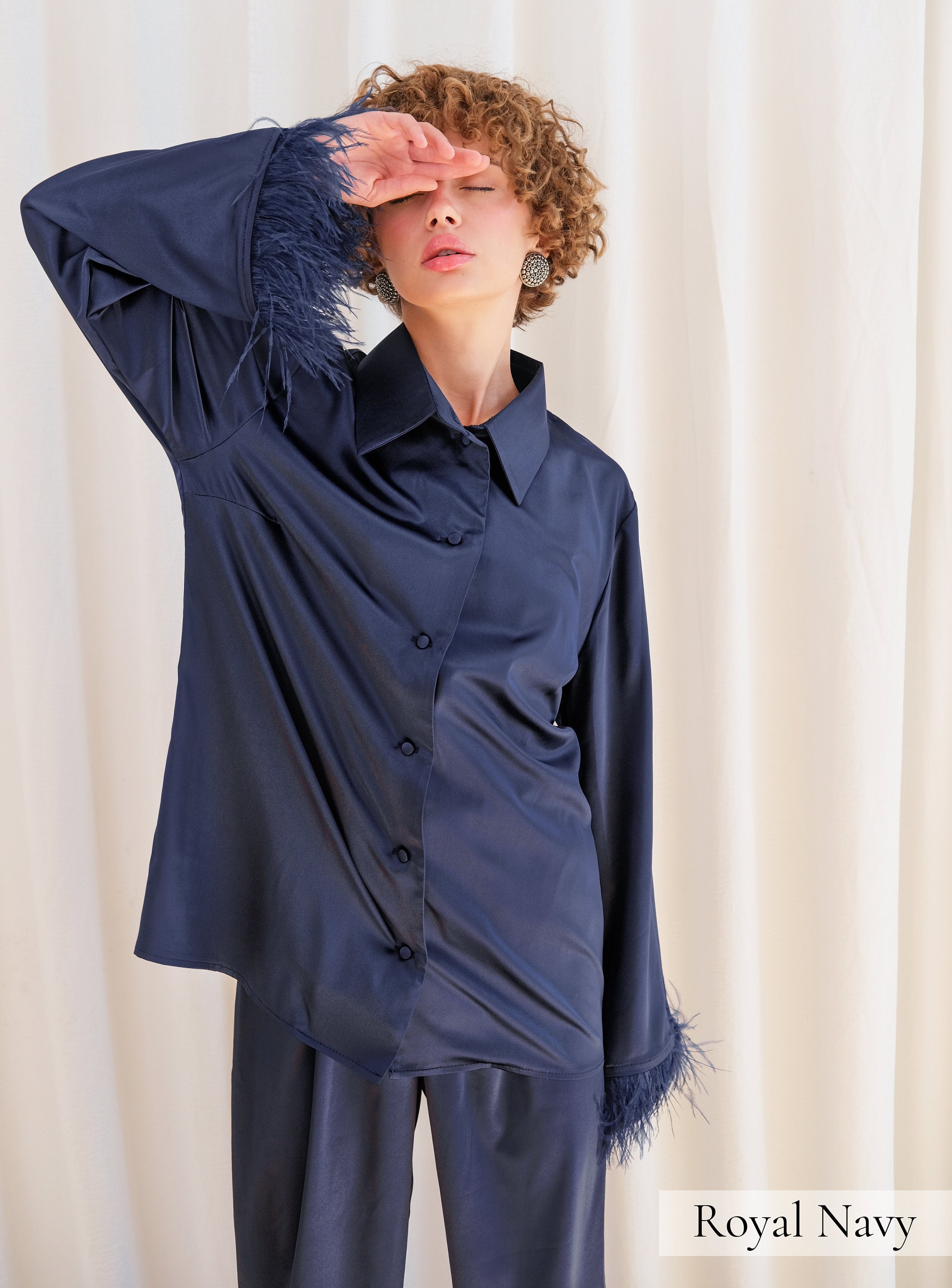 Navy blue silk pyjamas sale