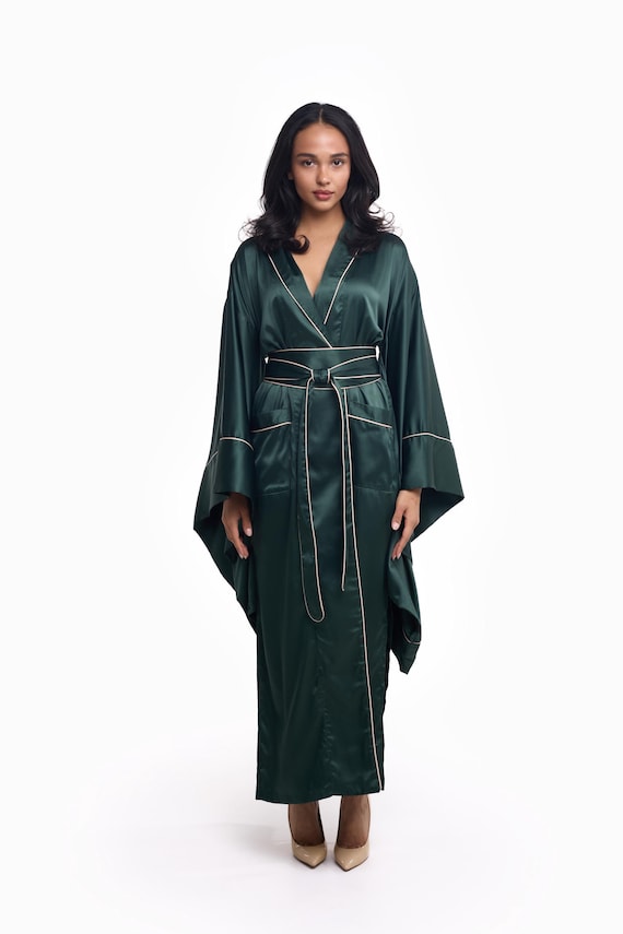 100% Silk Robe, Pure Silk Dressing Gown, Kimono Robe, Kimono Dressing Gown, Japanese Kimono for Women, Long Wide Sleeve Floor Length Green