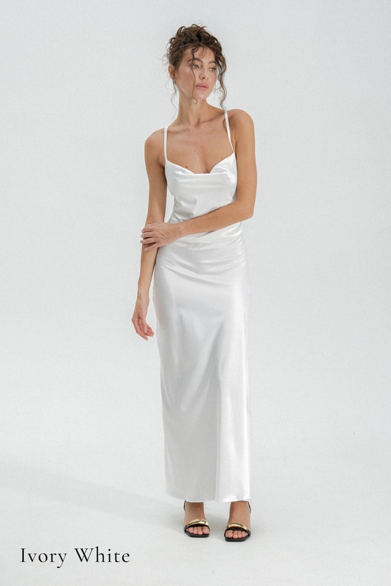 open lace back dress Long A-line Cowl Neck Satin Dress  alinanova