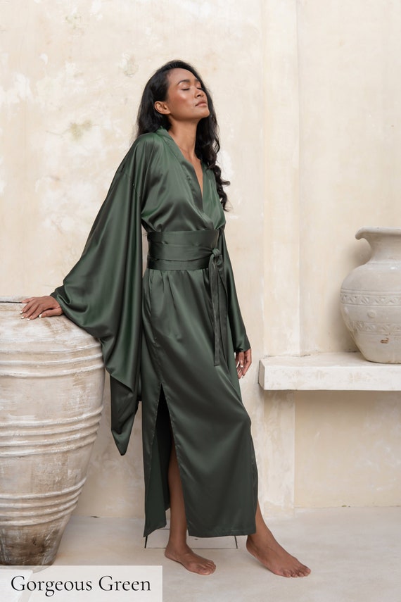 Silk Kimono Robe, Satin Silk Robes for Women Bridesmaid Silk Dressing Gown  Long Silk Robe, Plus Size Satin Robe Maxi Emerald Green Nightwear 
