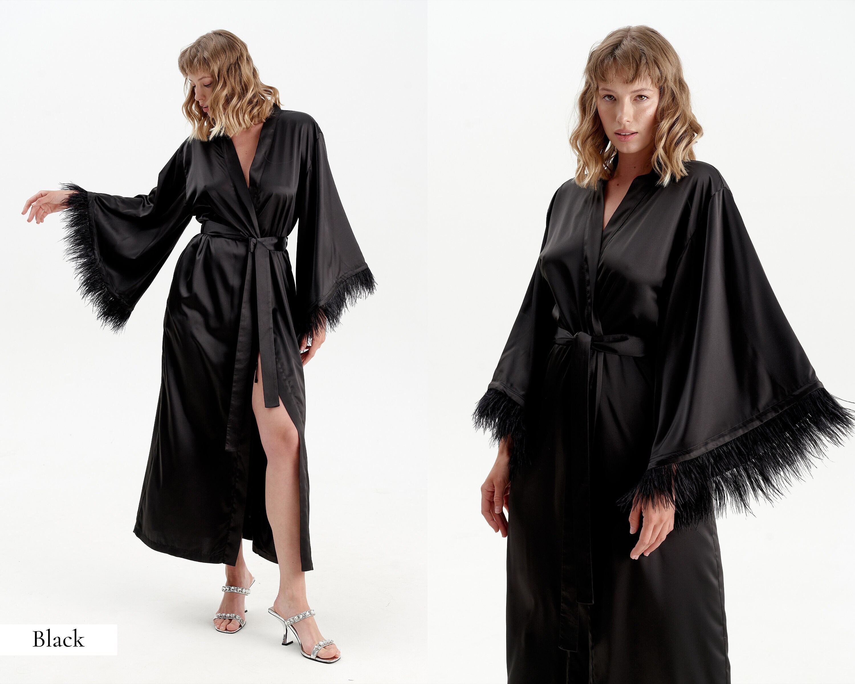 Feather Long Bridal Robe, Silk Robe, Satin Robe, Personalised Dressing  Gown, Silk Dressing Gown, Floor Length Robes for Women Wide Sleeve 