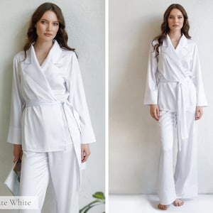 Seidenpyjamas für Frauen, Seidenpyjama-Set Damen lange Pyjamas Seidenpyjamas Frauen Satin PJs Geschenk Brautjungfer Pyjamas Morgenmantel Kimono Robe White