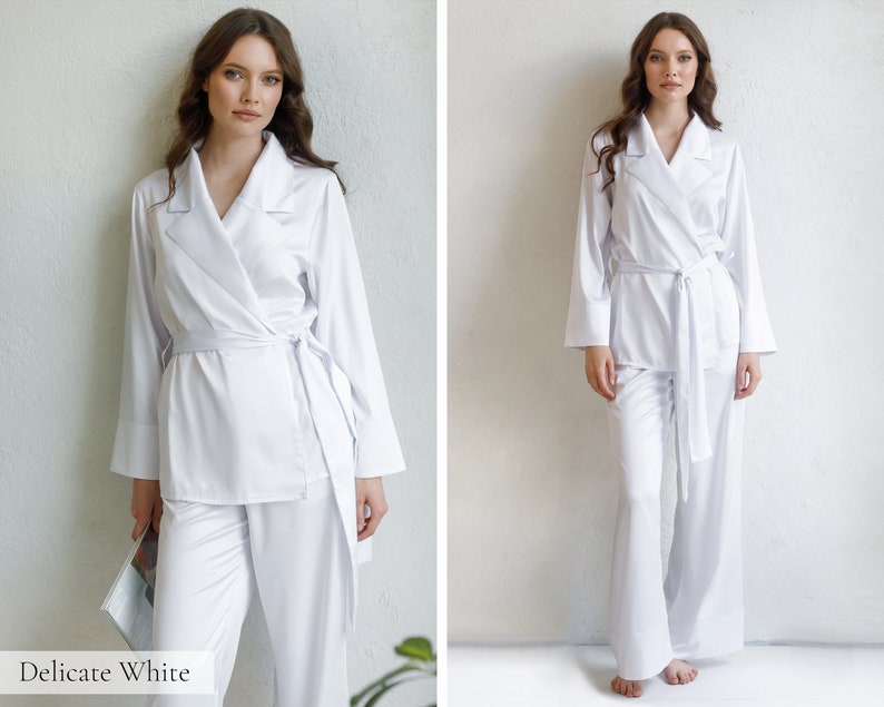 Seidenpyjamas für Frauen, Seidenpyjama-Set Damen lange Pyjamas Seidenpyjamas Frauen Satin PJs Geschenk Brautjungfer Pyjamas Morgenmantel Kimono Robe White