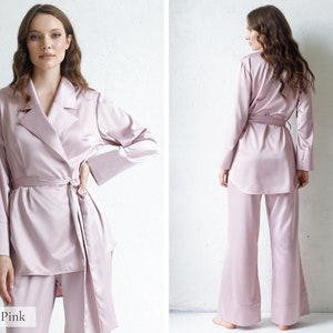 Seidenpyjamas für Frauen, Seidenpyjama-Set Damen lange Pyjamas Seidenpyjamas Frauen Satin PJs Geschenk Brautjungfer Pyjamas Morgenmantel Kimono Robe Blush