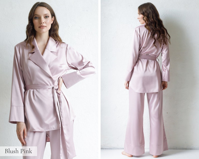 Seidenpyjamas für Frauen, Seidenpyjama-Set Damen lange Pyjamas Seidenpyjamas Frauen Satin PJs Geschenk Brautjungfer Pyjamas Morgenmantel Kimono Robe Blush