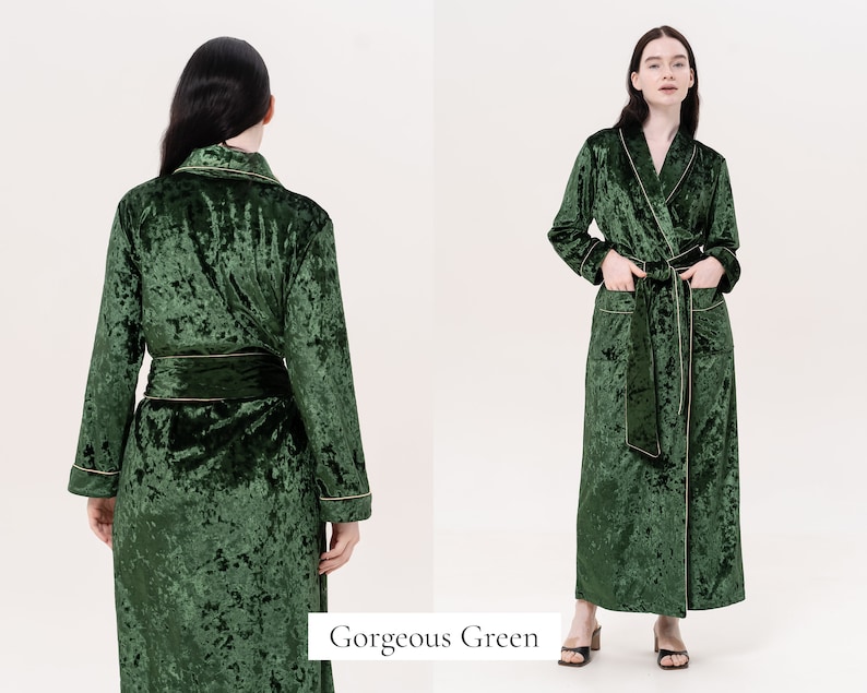 May include: A long, green velvet robe with gold trim. The robe has a shawl collar and a tie belt. The robe is shown from the front and back.