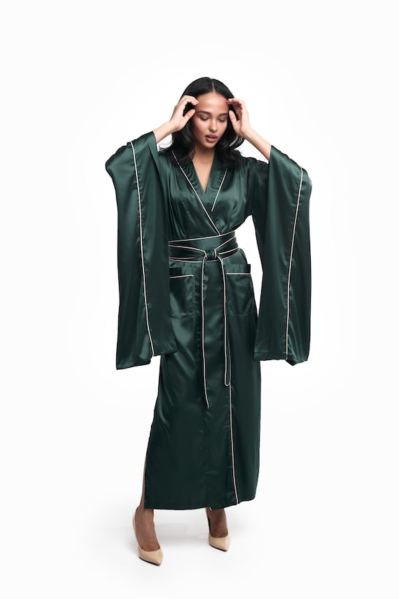 100% Silk Kimono Robe, Pure Silk Dressing Gown, Silk Robe, Kimono Dressing  Gown, Japanese Kimono Women, Long Wide Sleeve Floor Length Green - Etsy  Ireland