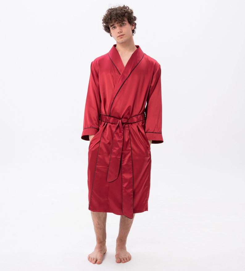 Custom Men's Dressing Gown, Gift for Him, Personalised Men's Robe, Silk Dressing Gown, Satin Robe, Mens Lightweight Robe, Long Designer Burgundy