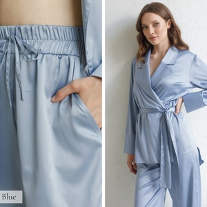 Seidenpyjamas für Frauen, Seidenpyjama-Set Damen lange Pyjamas Seidenpyjamas Frauen Satin PJs Geschenk Brautjungfer Pyjamas Morgenmantel Kimono Robe Faded Blue