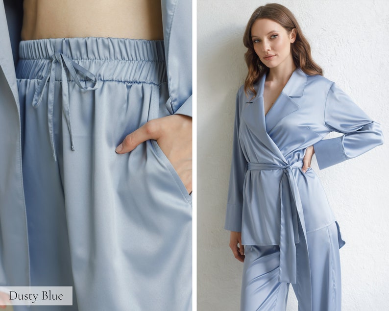 Seidenpyjamas für Frauen, Seidenpyjama-Set Damen lange Pyjamas Seidenpyjamas Frauen Satin PJs Geschenk Brautjungfer Pyjamas Morgenmantel Kimono Robe Faded Blue