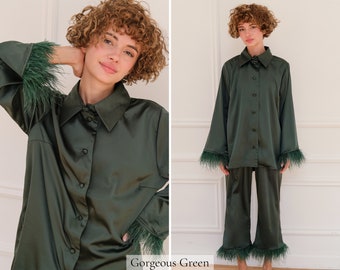 Christmas Pajamas Women, Silk Pyjamas, Holiday Pajamas, Feathers Pyjama Set, Gift for Her, Green XMAS PJs Satin Pyjamas Personalised Long PJ